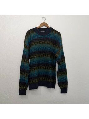 Vintage Wool Multicolor Striped Textured Knit Crewneck Sweater | Retro L